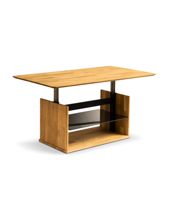 Ława C-27, płynna regulacja wysokości, ze szklaną półką, dąb lity olejowany, SIUDY