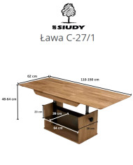Ława C-27/1, rozkładana, płynna regulacja wysokości, ze szklaną półką, 1 wkład powiększający, dąb lity olejowany, SIUDY