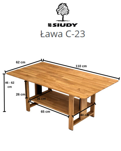 Ława C-23, płynna regulacja wysokości, dąb lity olejowany, SIUDY