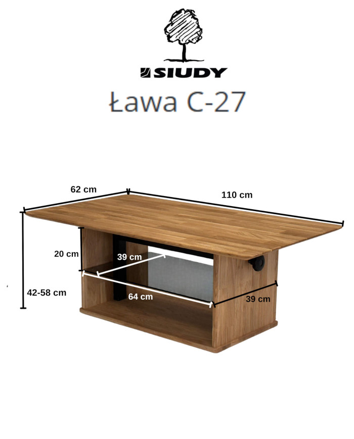 Ława C-27, płynna regulacja wysokości, ze szklaną półką, dąb lity olejowany, SIUDY