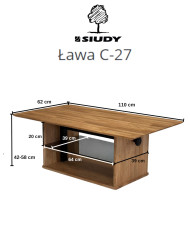 Ława C-27, płynna regulacja wysokości, ze szklaną półką, dąb lity olejowany, SIUDY