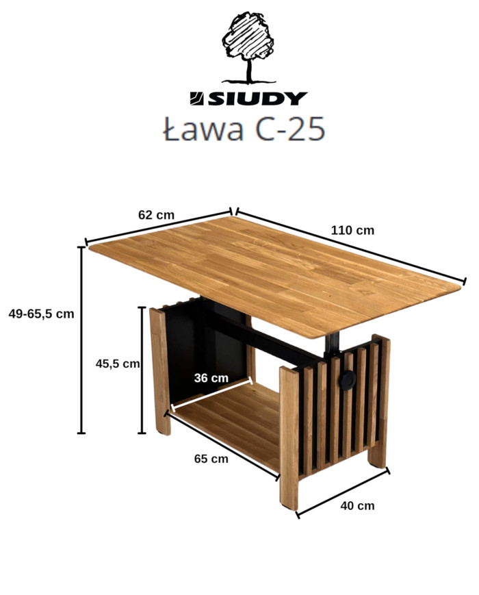 Ława C-25, płynna regulacja wysokości, z półką i lamelami, dąb lity olejowany, SIUDY