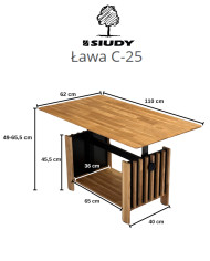 Ława C-25, płynna regulacja wysokości, z półką i lamelami, dąb lity olejowany, SIUDY