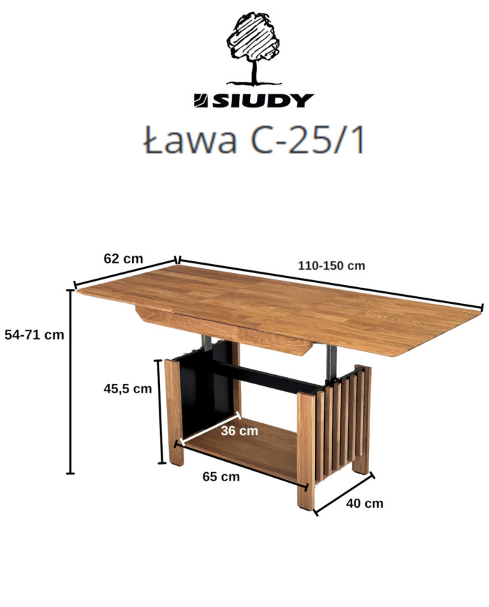 Ława C-25/1, rozkładana, płynna regulacja wysokości, z półką, 1 wkład powiększający, dąb lity olejowany, SIUDY