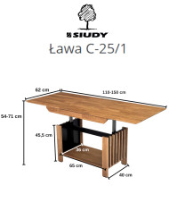 Ława C-25/1, rozkładana, płynna regulacja wysokości, z półką, 1 wkład powiększający, dąb lity olejowany, SIUDY