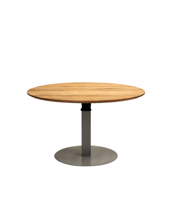 Ława okrągła CP-05, płynna regulacja wysokości, dąb lity olejowany, szara podstawa, SIUDY