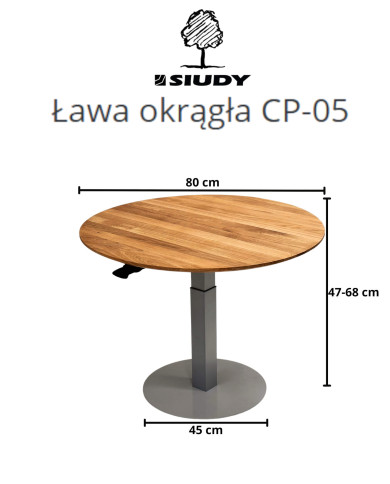 Ława okrągła CP-05, płynna regulacja wysokości, dąb lity olejowany, szara podstawa, SIUDY