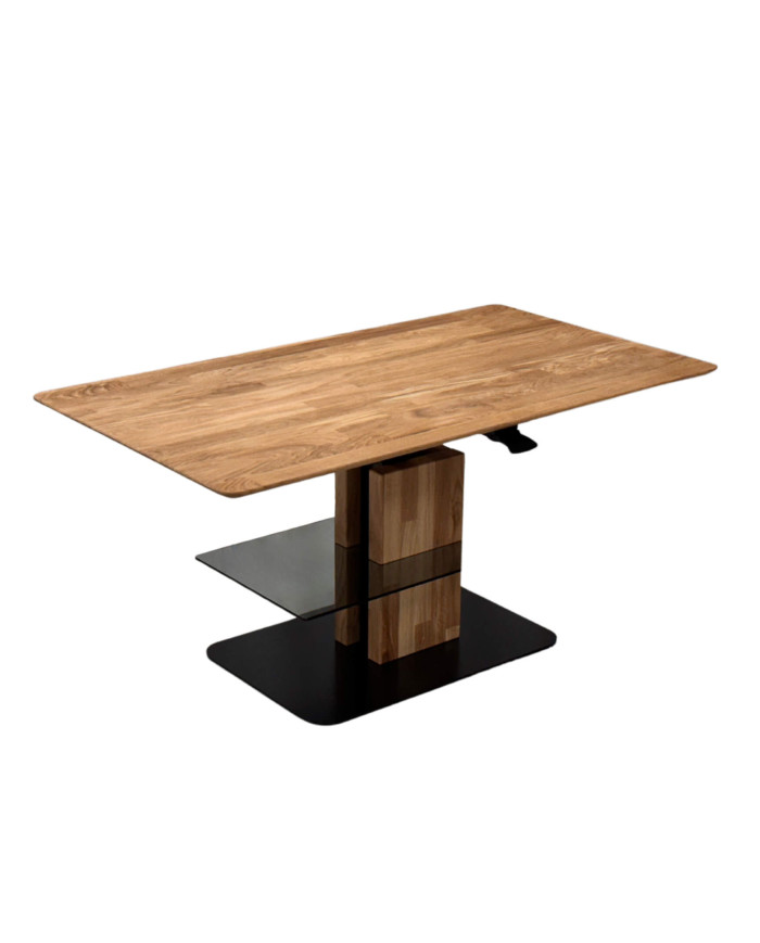 Ława prostokątna CP-12, płynna regulacja wysokości, półka szklna, dąb lity olejowany, metalowa podstawa, SIUDY