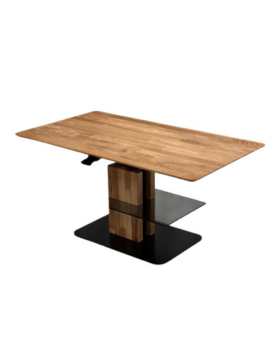 Ława prostokątna CP-12, płynna regulacja wysokości, półka szklna, dąb lity olejowany, metalowa podstawa, SIUDY