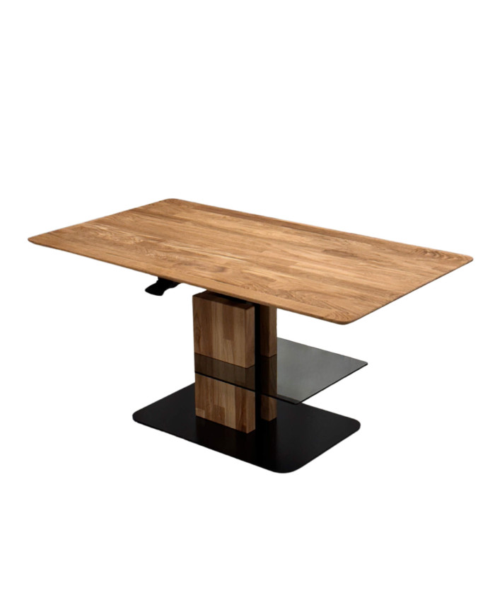 Ława prostokątna CP-12, płynna regulacja wysokości, półka szklna, dąb lity olejowany, metalowa podstawa, SIUDY