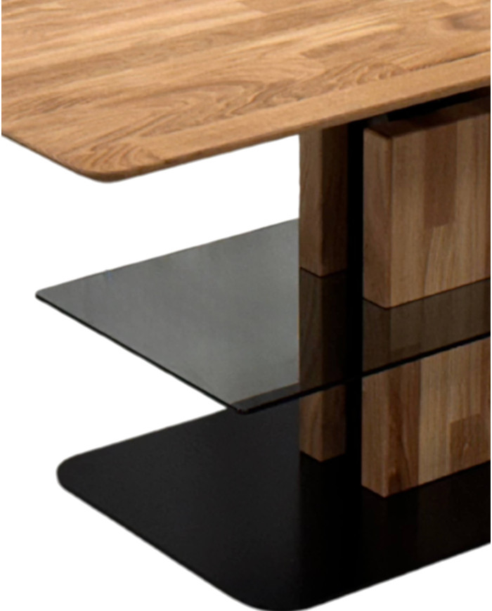 Ława prostokątna CP-12, płynna regulacja wysokości, półka szklna, dąb lity olejowany, metalowa podstawa, SIUDY