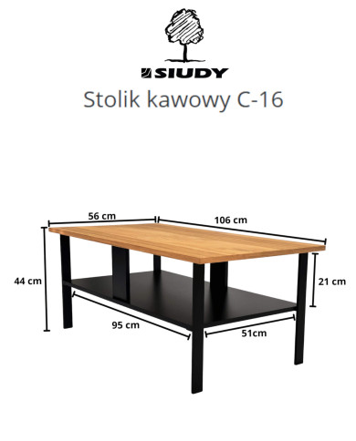 Stolik kawowy C-16, prostokątny z półką, okleina dębowa olejowana, SIUDY