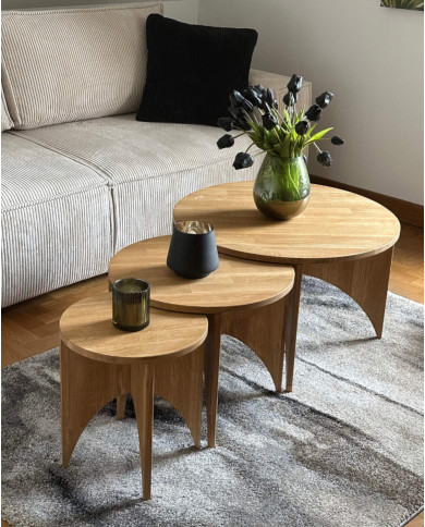 Stoliki kawowe C-30, zestaw 3 okrągłych stolików, klejonka dębowa olejowana, SIUDY