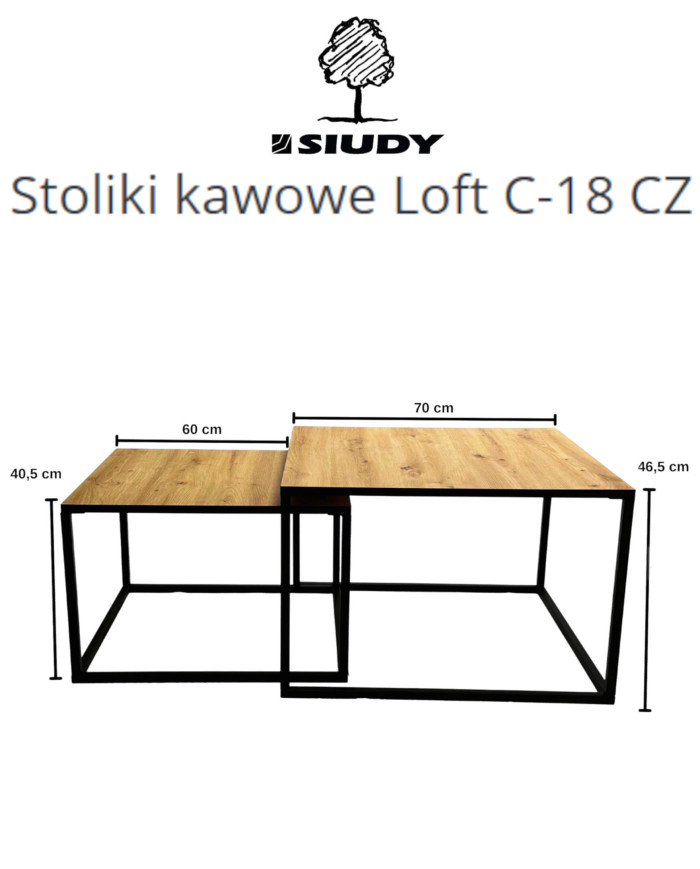 Stoliki kawowe Loft C-18 CZ, zestaw 2 kwadratowych stolików z czarnym obrzeżem, SIUDY