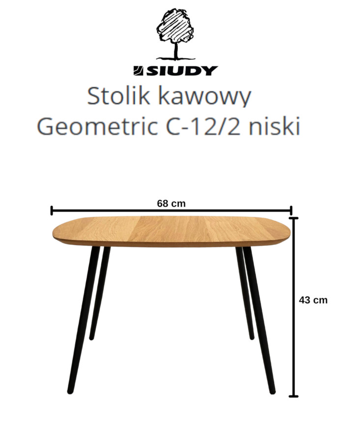 Stolik kawowy Geometric C-12/2 niski, kwadratowy, zaoblony, okleina naturalna dębowa, SIUDY