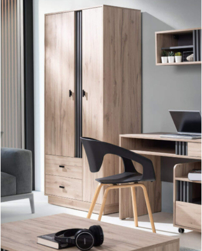 Szafa Allmo AL1, dwudrzwiowa z szufladami, drążek, półki, Dąb estana jasny/ Antracyt, MEBLAR