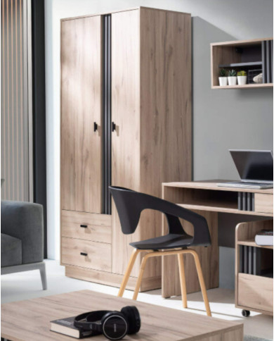 Szafa Allmo AL2, dwudrzwiowa z szufladami, drążek, półki, Dąb estana jasny/ Antracyt, MEBLAR