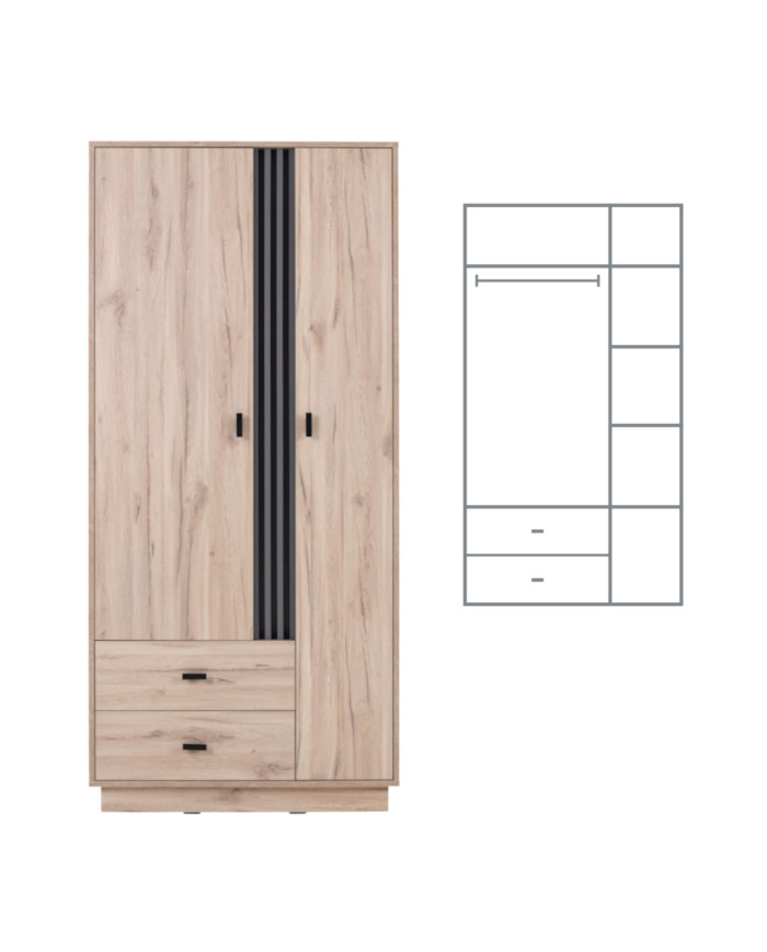 Szafa Allmo AL2, dwudrzwiowa z szufladami, drążek, półki, Dąb estana jasny/ Antracyt, MEBLAR