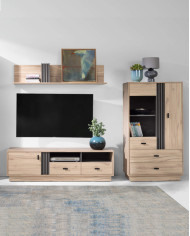 Witryna niska Allmo AL4, przeszklona, dwudrzwiowa z szufladami, Dąb estana jasny/ Antracyt, MEBLAR