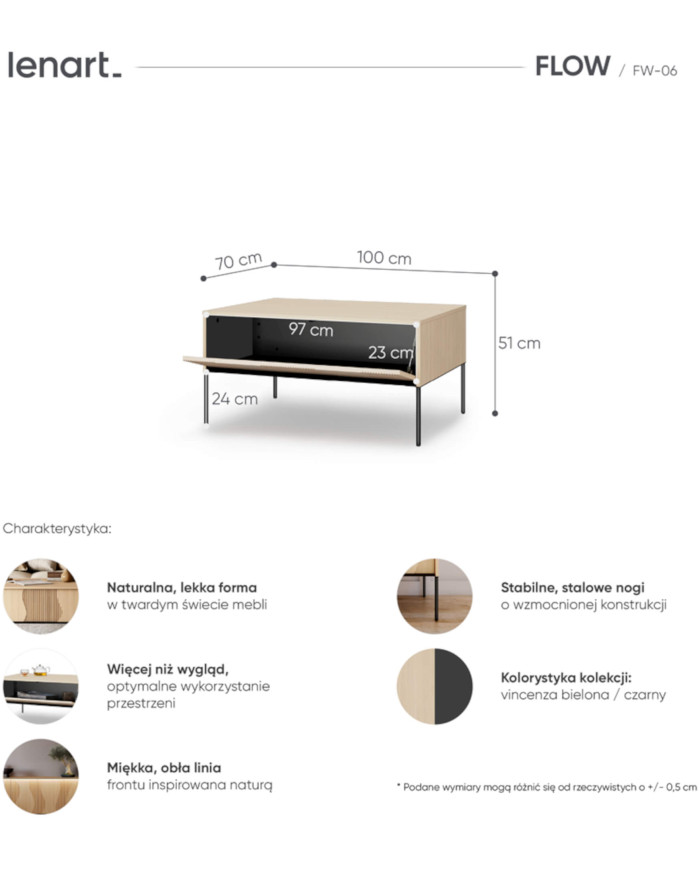 Stolik kawowy Flow FW-06, zamykana półka, Dąb vincenza bielona/ Czarny, LENART