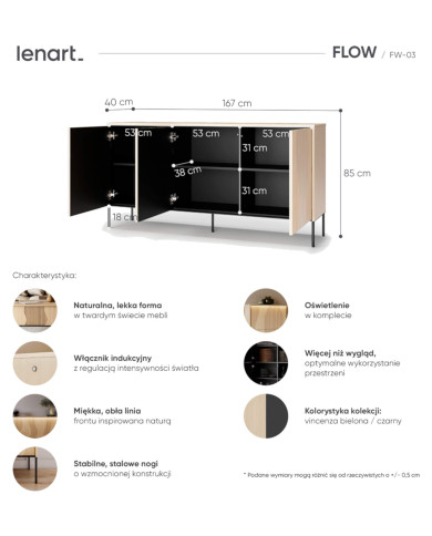 Komoda Flow FW-03 z oświetleniem, trzydrzwiowa, Dąb vincenza bielona/ Czarny, LENART