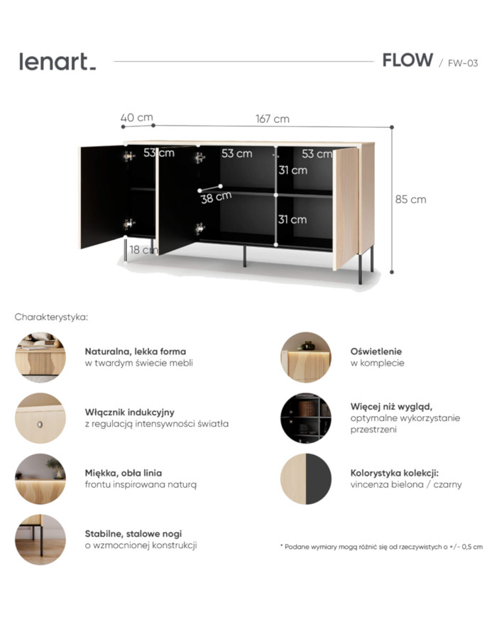 Komoda Flow FW-03 z oświetleniem, trzydrzwiowa, Dąb vincenza bielona/ Czarny, LENART