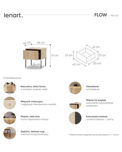 Szafka nocna Flow FW-07 z oświetleniem i szufladą, Dąb vincenza bielona/ Czarny, LENART