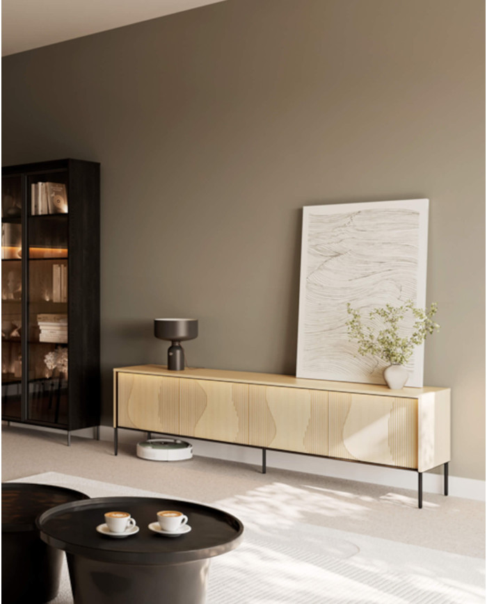 Szafka RTV Flow FW-05  z oświetleniem, czterodrzwiowa, Dąb vincenza bielona/ Czarny, LENART