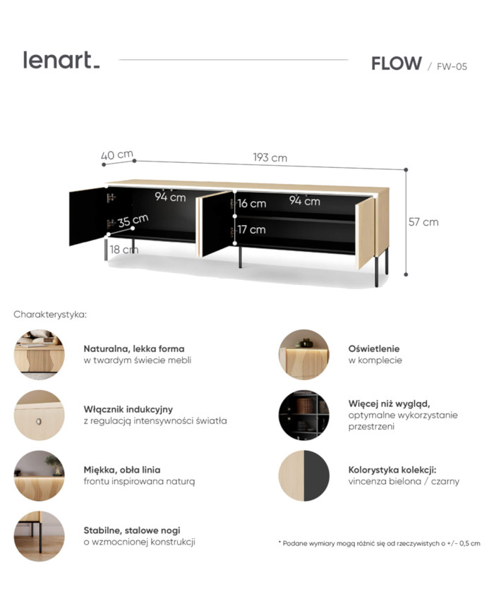 Szafka RTV Flow FW-05  z oświetleniem, czterodrzwiowa, Dąb vincenza bielona/ Czarny, LENART