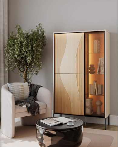 Witryna niska Flow FW-01 z oświetleniem, trzydrzwiowa, Dąb vincenza bielona/ czarny, LENART