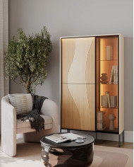 Witryna niska Flow FW-01 z oświetleniem, trzydrzwiowa, Dąb vincenza bielona/ czarny, LENART