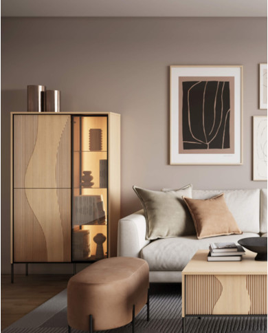 Witryna niska Flow FW-01 z oświetleniem, trzydrzwiowa, Dąb vincenza bielona/ czarny, LENART