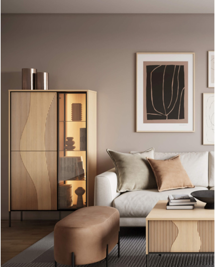 Witryna niska Flow FW-01 z oświetleniem, trzydrzwiowa, Dąb vincenza bielona/ czarny, LENART