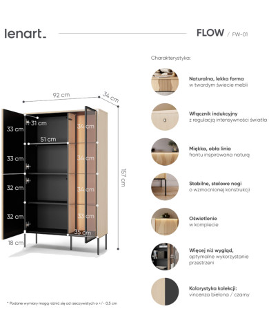 Witryna niska Flow FW-01 z oświetleniem, trzydrzwiowa, Dąb vincenza bielona/ czarny, LENART
