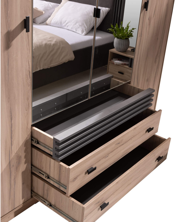 Szafa AL16, czterodrzwiowa, z lustrami i szufladami, Dąb estana jasny/ Antracyt, MEBLAR