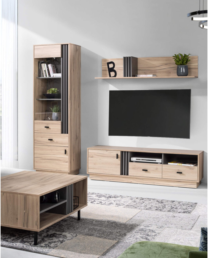 Szafa Allmo AL1, dwudrzwiowa z szufladami, drążek, półki, Dąb estana jasny/ Antracyt, MEBLAR