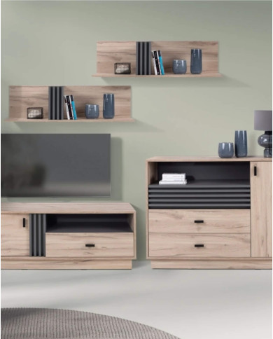 Komoda Allmo AL7, drzwi, szuflady, wnęka regałowa, Dąb estana jasny/ Antracyt, MEBLAR