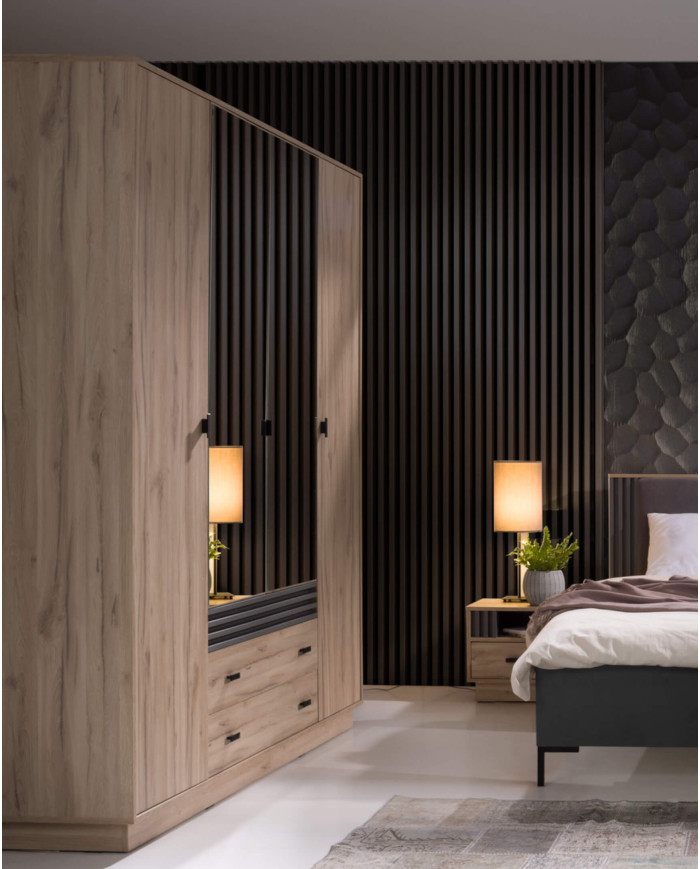 Szafa Allmo AL16, czterodrzwiowa, z lustrami i szufladami, Dąb estana jasny/ Antracyt, MEBLAR