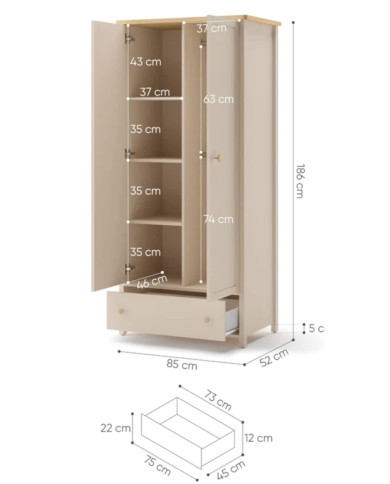 Szafa Story SO-12, dwudrzwiowa, szuflada, Beż piaskowy/ Dąb vincenza bielona, LENART