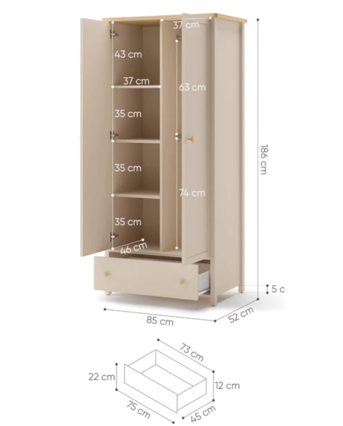 Szafa Story SO-12, dwudrzwiowa, szuflada, Beż piaskowy/ Dąb vincenza bielona, LENART