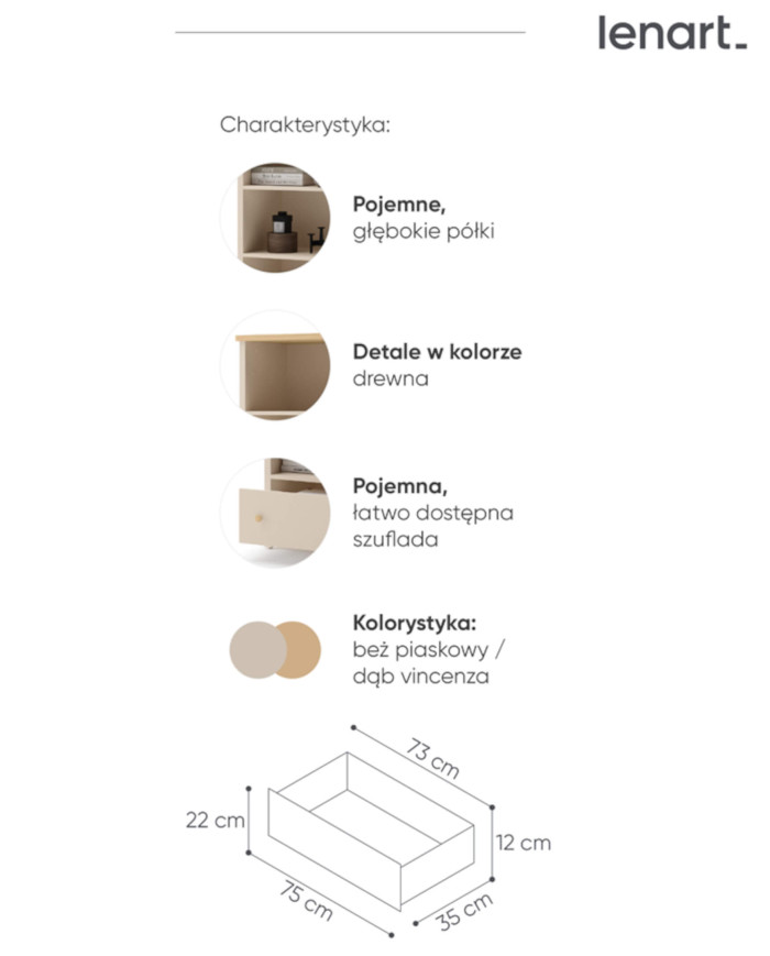 Regał Story SO-02, szuflada, półki, Beż piaskowy/ Dąb vincenza bielona, LENART