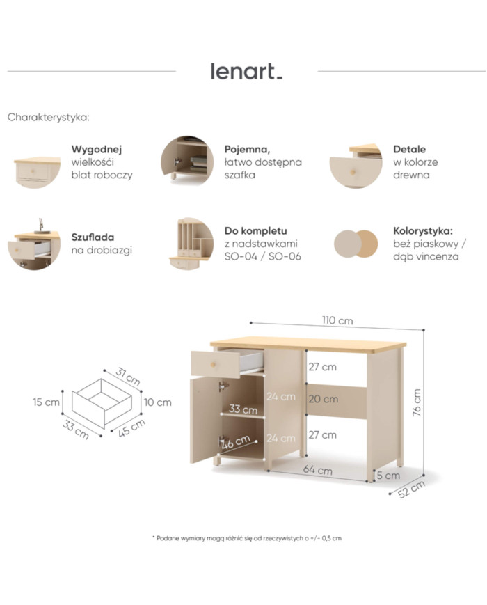 Biurko Story SO-03, szuflada, drzwiczki, Beż piaskowy/ Dąb vincenza bielona, LENART