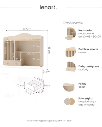 Nadstawka-regał Story SO-04, szufladki, półki, Beż piaskowy/ Dąb vincenza bielona, LENART
