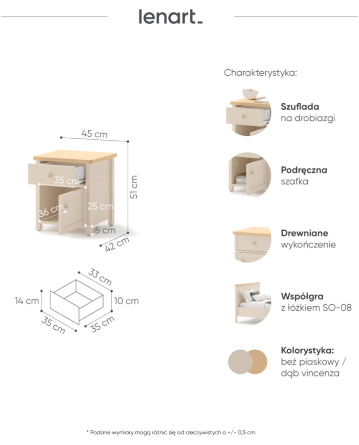 Stolik nocny Story SO-07, drzwi, szuflada, Beż piaskowy/ Dąb vincenza bielona, LENART