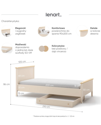 Łóżko Story SO-16, 90x200 cm, stelaż, materac, Beż piaskowy/ Dąb vincenza bielona, LENART