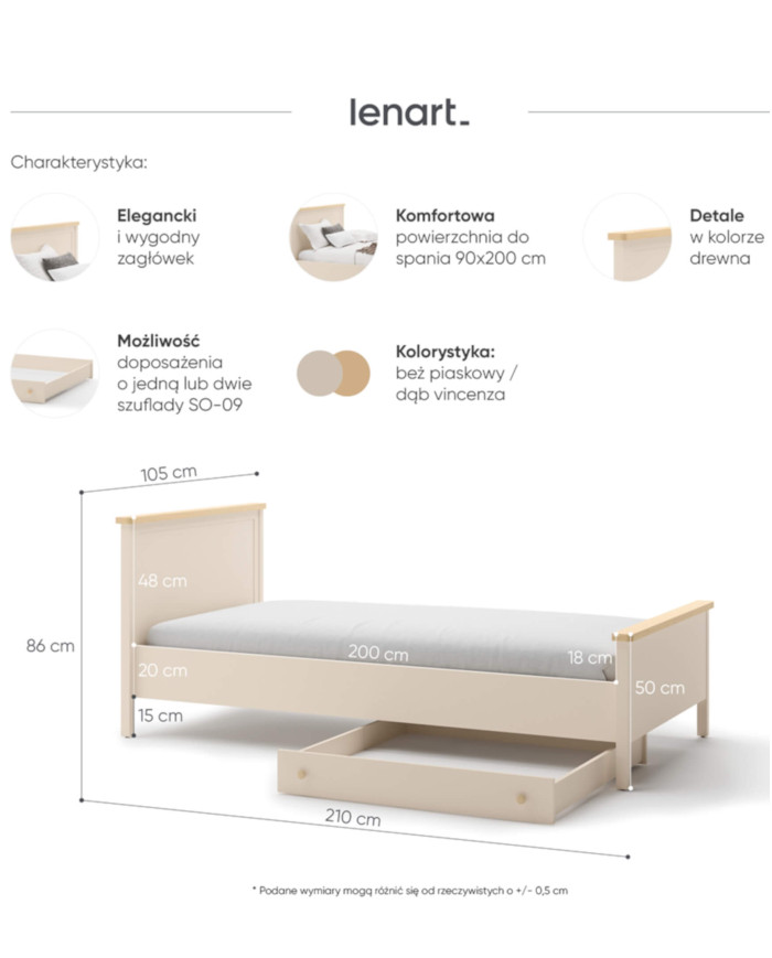 Łóżko Story SO-16, 90x200 cm, stelaż, materac, Beż piaskowy/ Dąb vincenza bielona, LENART
