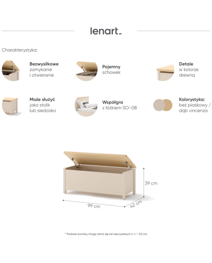 Ławka, skrzynia Story SO-10, otwierana, Beż piaskowy/ Dąb vincenza bielony, LENART