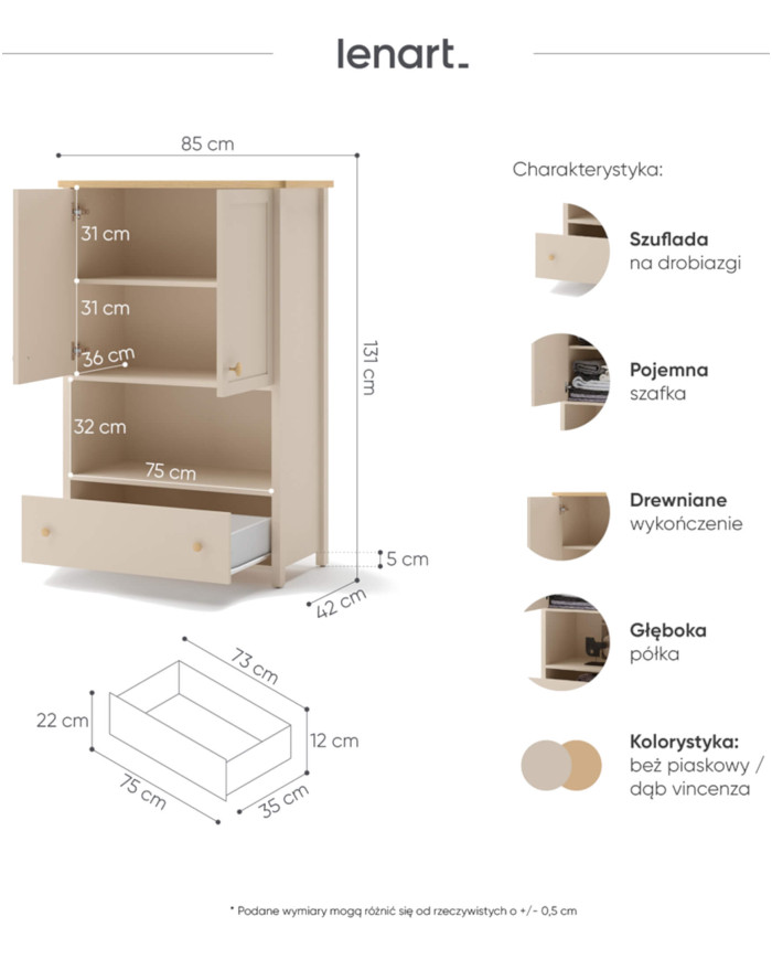 Komoda wysoka Story SO-11, drzwi, szuflada, wnęka, Beż piaskowy/ Dąb vincenza bielona, LENART