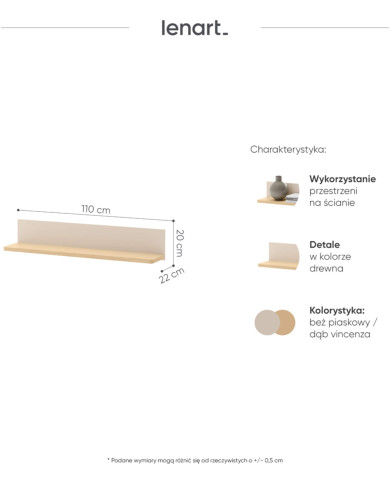 Półka wisząca Story SO-14, 110 cm, Beż piaskowy/ Dąb vincenza bielona, LENART
