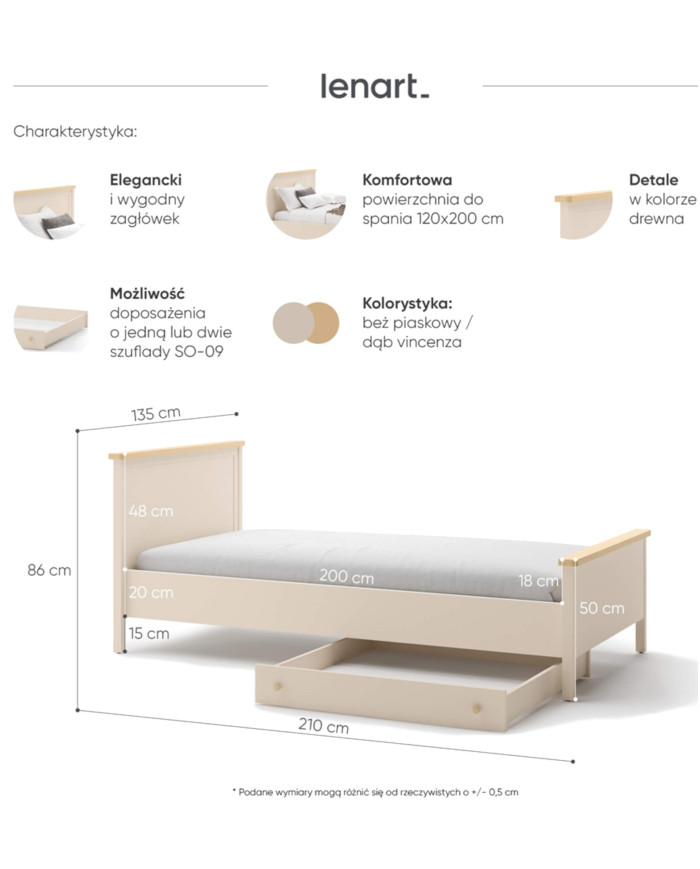 Łóżko Story SO-17, 120x200 cm, stelaż, materac, Beż piaskowy/ Dąb vincenza bielona, LENART